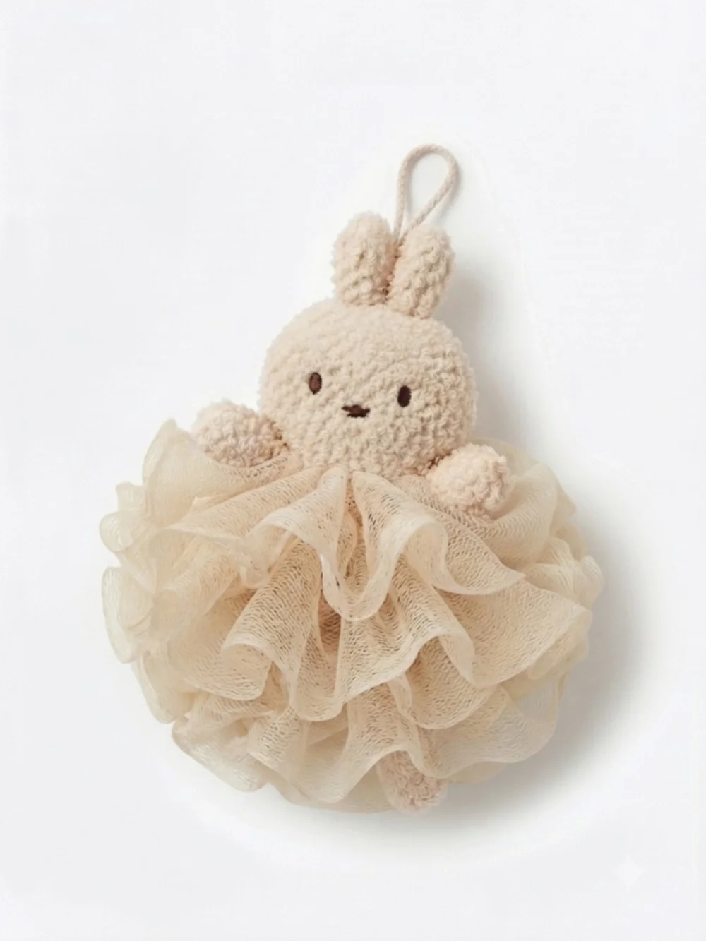 NWT Cute Bunny Loofah Shower Sponge with Hanging Loop Beige Plush